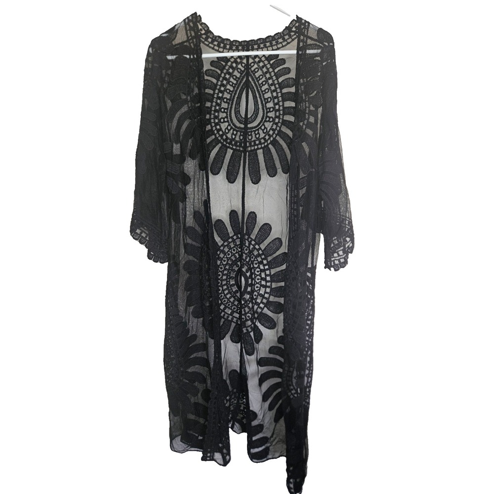 Black Lace Kimono Cardigan Sheer Duster Open Front Boho Festival Witchy Gothic